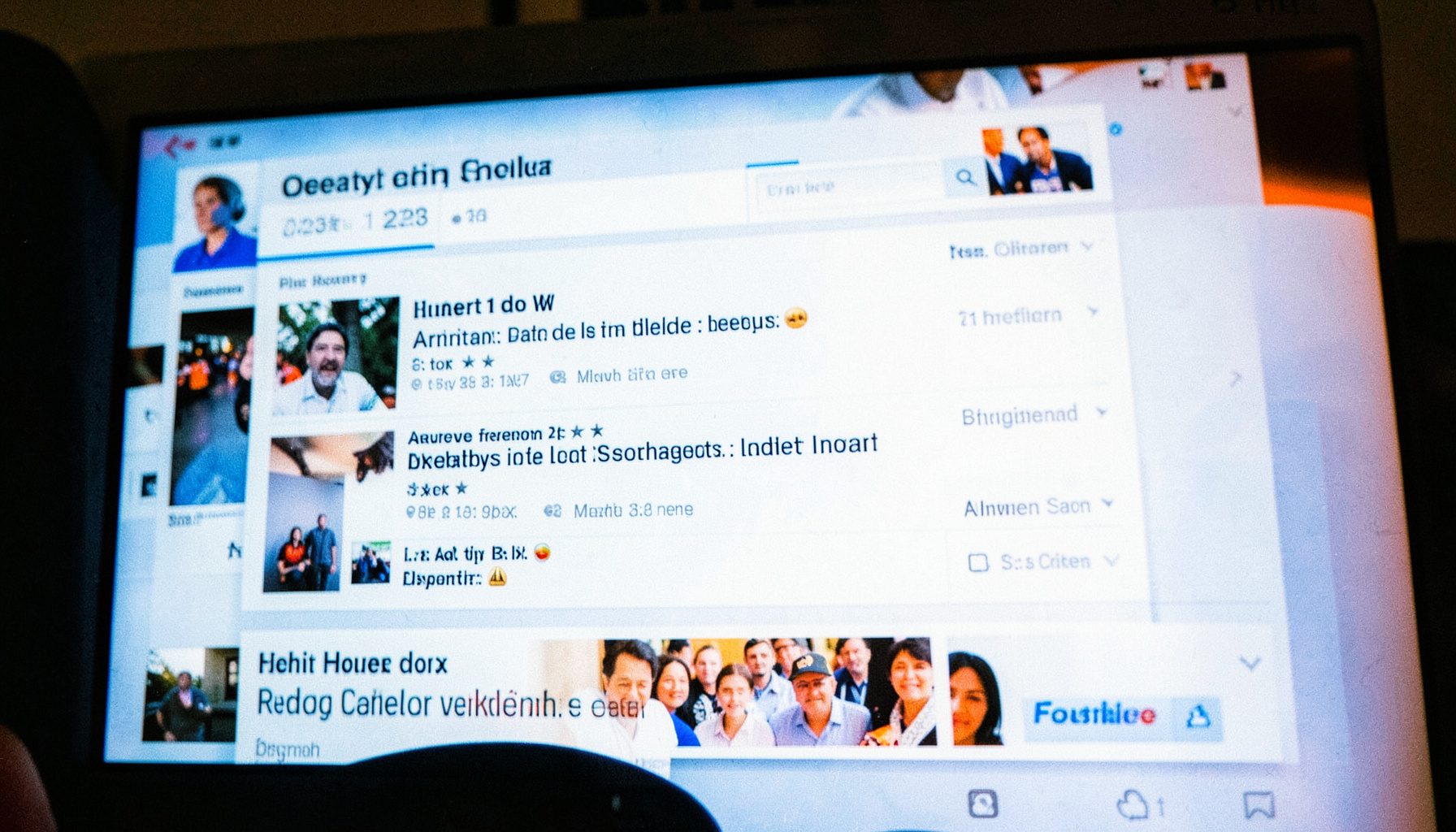 A bright screen displaying a scrolling news feed with headlines and thumbnail images, cool blue and white tones