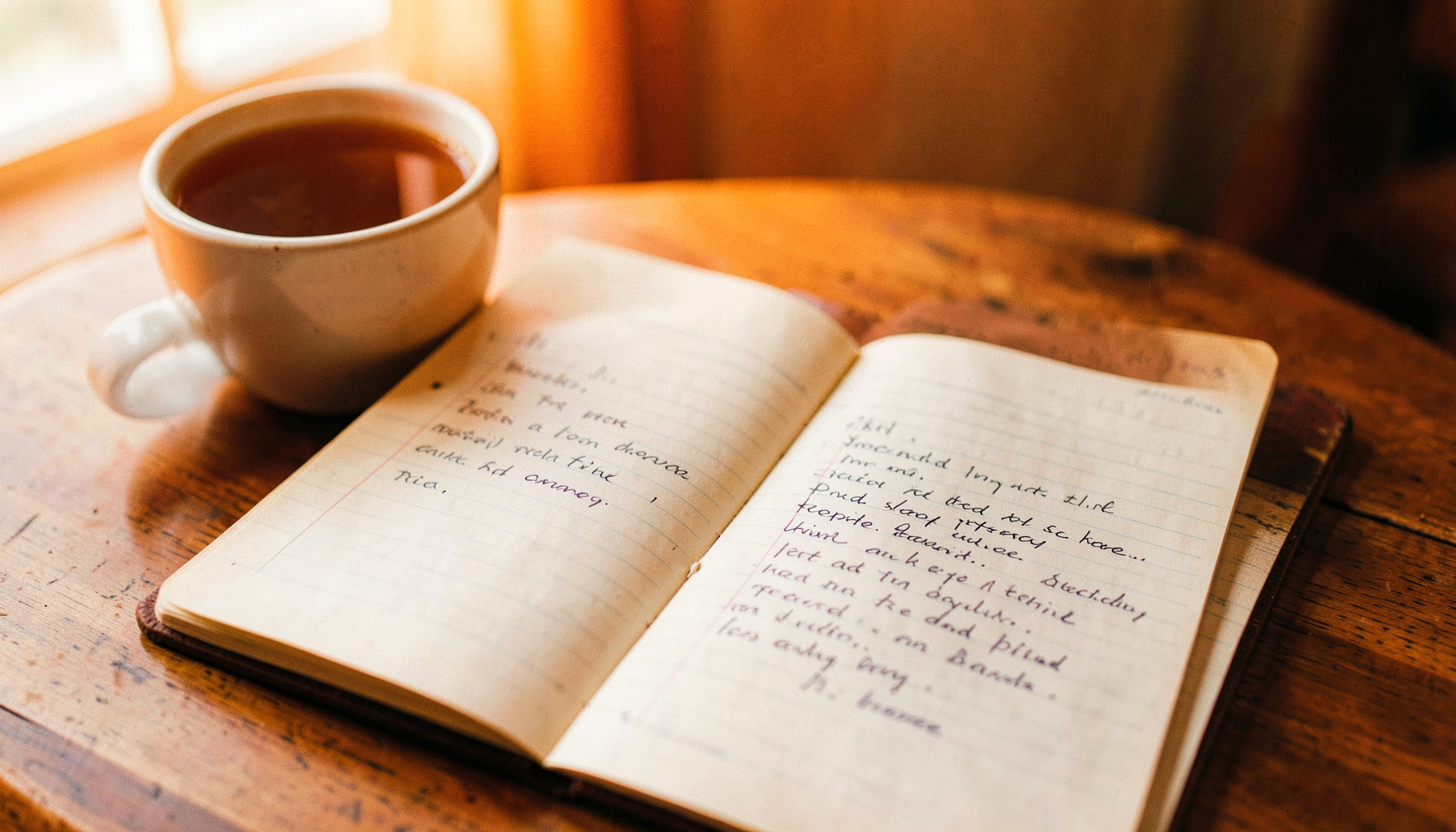 An open notebook with handwritten notes beside a cup of coffee, soft morning light, lifestyle feel