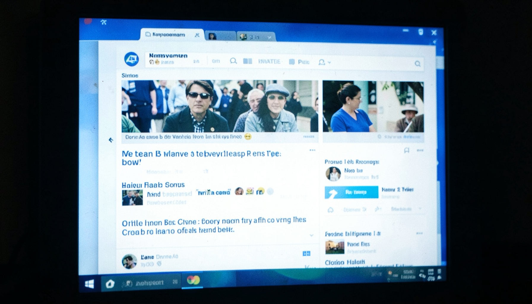 A bright screen displaying a scrolling news feed with headlines and thumbnail images, cool blue and white tones